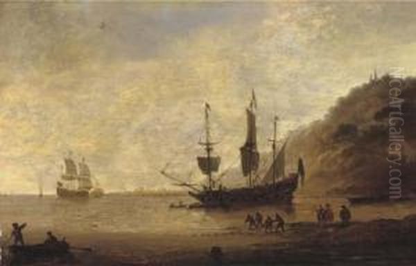 A Man-o'-war At Anchor Before A 
Hilly Coast With Figures In The Foreground And Shipping Beyond Oil Painting by Dirck Verhaert