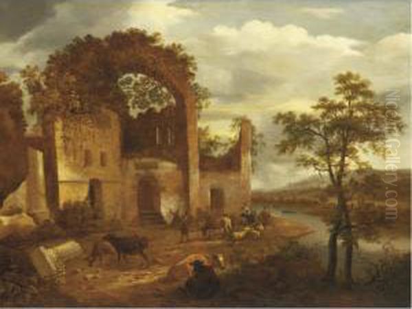 Architectural Capriccio With Peasants And Cattle Oil Painting by Dirck Verhaert