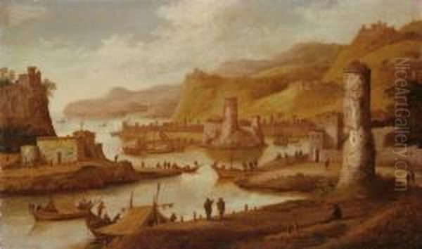 Phantastische Flusslandschaft Mit Wachtturmen Und Einer Stadt Oil Painting by Dirck Verhaert