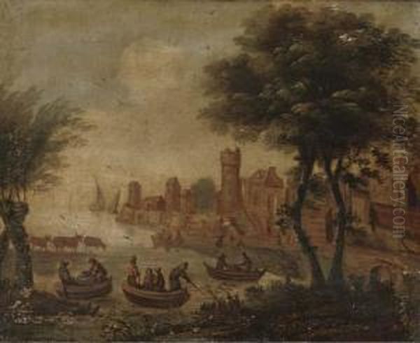 A Riverside Town With Anglers In Boats Oil Painting by Dirck Verhaert