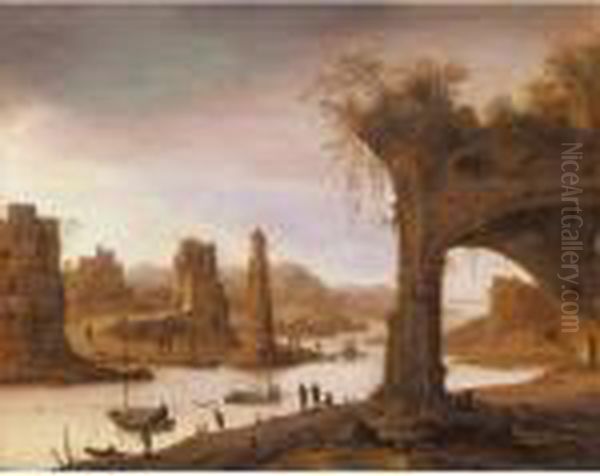 A River Landscape With Figures Standing Before Ruins Oil Painting by Dirck Verhaert