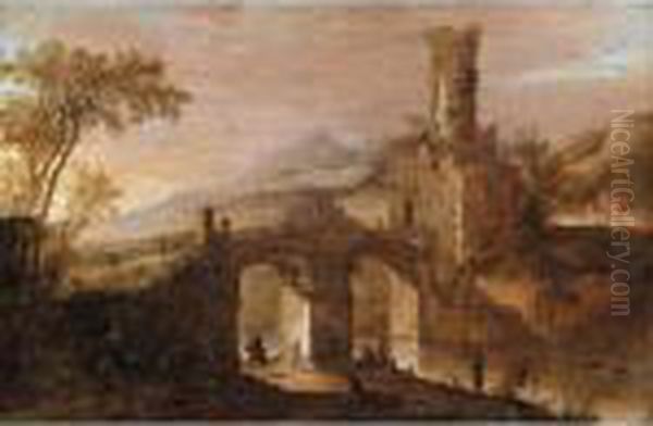 Italianate River Landscape With A Horseman And Fishermen Before A Bridge, A Town Beyond Oil Painting by Dirck Verhaert