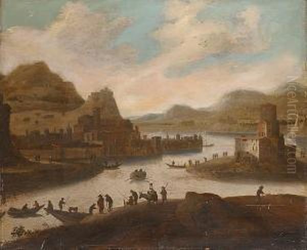 A Riverside Village With Figures On Ferries, A Hilltop Castle Beyond Oil Painting by Dirck Verhaert