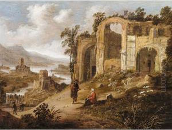 An Extensive River Landscape With Figures Resting Before Ruins Oil Painting by Dirck Verhaert