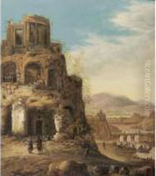 Paysans Devant Des Ruines Antiques Dominant La Riviere Oil Painting by Dirck Verhaert