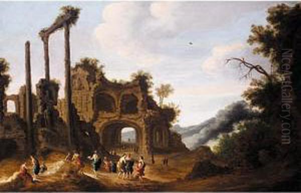 Classical Landscape With Figures Before Ruins Oil Painting by Dirck Verhaert