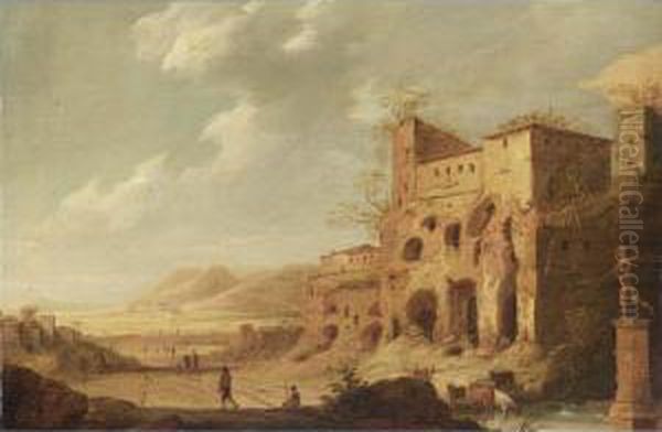 A Hilly Landscape With Figures And Cattle Among Roman Ruins, A Town Beyond Oil Painting by Dirck Verhaert