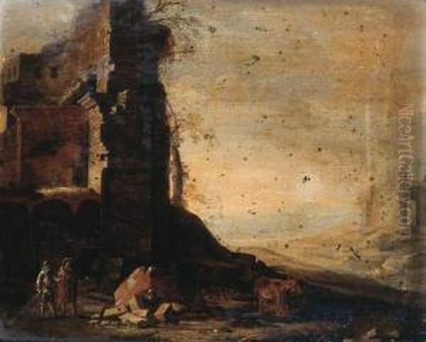 Travellers By Classical Ruins In An Italianate Landscape Oil Painting by Dirck Verhaert