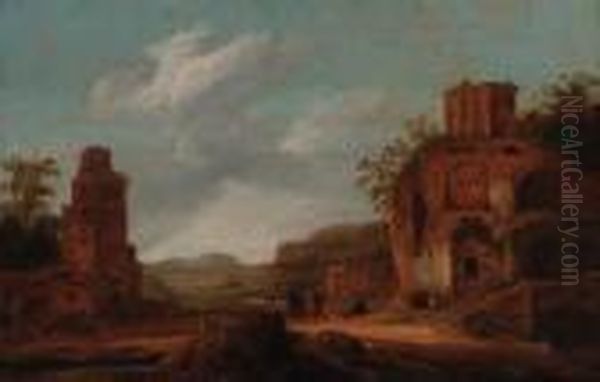 An Italianate Landscape With Travellers Before A Ruin Oil Painting by Dirck Verhaert