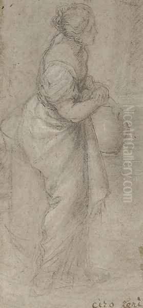 A standing woman holding a jug (recto); and A drapery study (verso) Oil Painting by Ciro Ferri