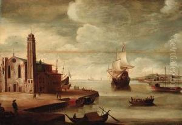 An Italianate Harbour With A Church On A Quayside Oil Painting by Dirck Verhaert