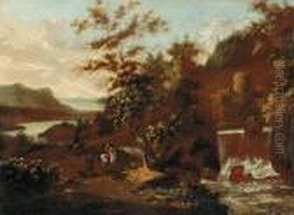 A Wooded River Landscape With Travellers Before A Waterfall Oil Painting by Dirck Verhaert