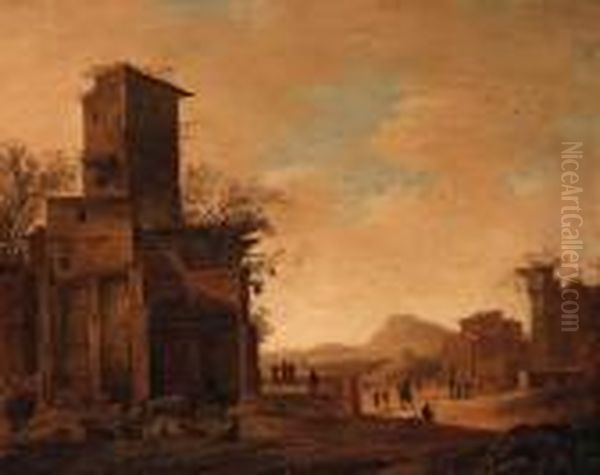 Peasants And Goats By Ruins In An Italianate Landscape Oil Painting by Dirck Verhaert