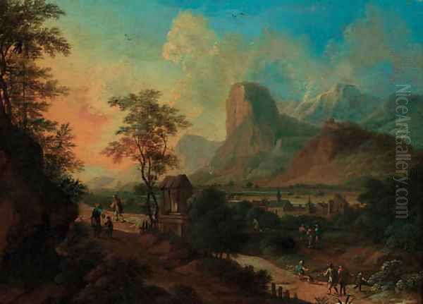 An Italianate landscape with figures on a pass by a shrine at sunset Oil Painting by Frans De Paula Ferg