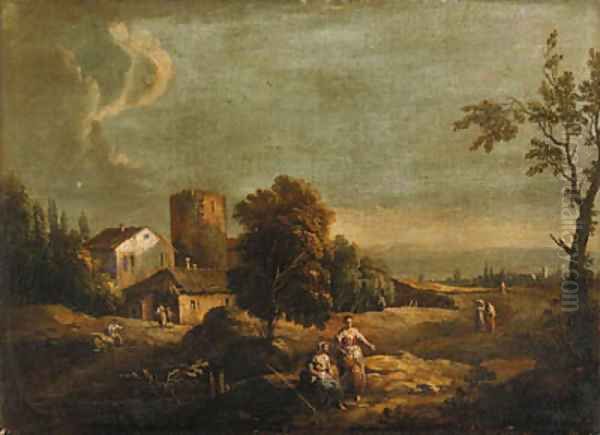 A landscape with peasants by a ruined tower Oil Painting by Frans De Paula Ferg