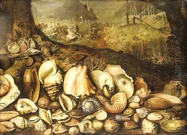 The Maritime Realm a still life of shells on a shore, the Triumph of Neptune beyond Oil Painting by Hieronymus II Francken