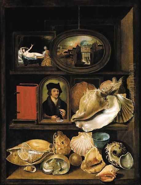 A still life of shells, paintings and books on recessed shelves Oil Painting by Hieronymus II Francken