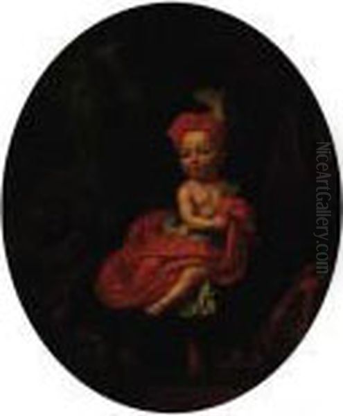 Portrait Of A Child, Small 
Full-length, Seated On A Blue Cushion,in A Red Cap And White Chemise 
With A Red Shawl, A Garden With Apeacock And Female Statue Beyond, In A 
Feigned Oval Oil Painting by Mattheus Verheyden