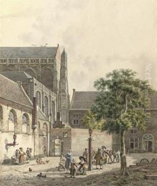 Figures On The Domplein With The Domkerk At The Left, Utrecht Oil Painting by Jan Hendrik Verheijen