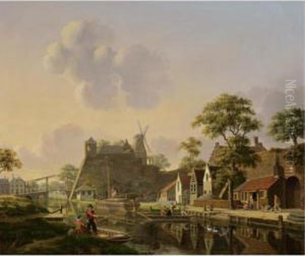 A Town At A Canal Oil Painting by Jan Hendrik Verheijen