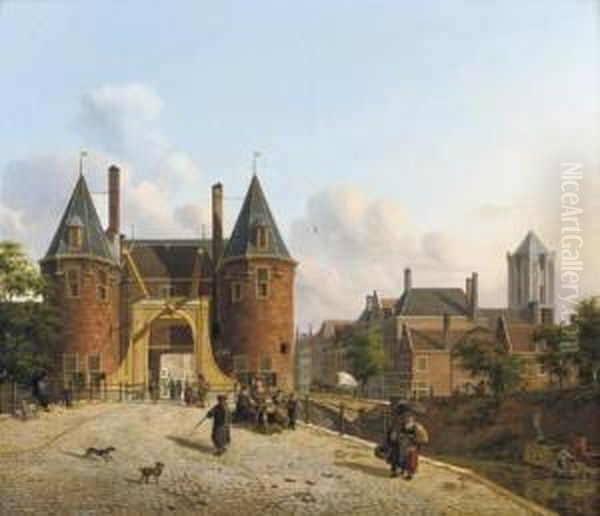 View Of The Weerdpoort In Utrecht With The St. Jacobskerk In The Distance Oil Painting by Jan Hendrik Verheijen