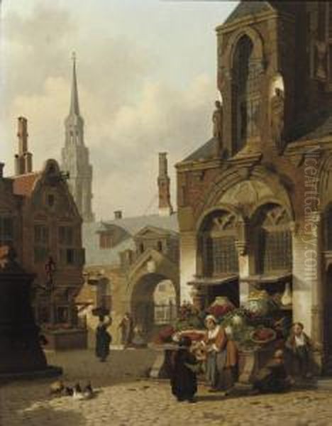 A Market Stall In A Sunlit Street Oil Painting by Jan Hendrik Verheijen