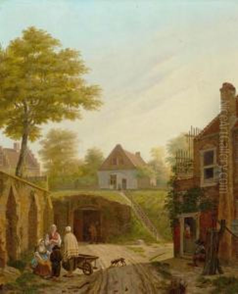 Village With Figures Oil Painting by Jan Hendrik Verheijen