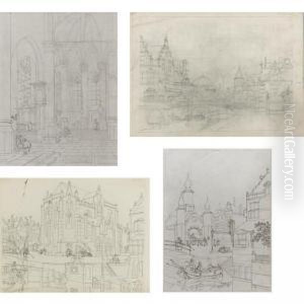 Six Imaginary Dutch Townscapes, And The Interior Of A Church Oil Painting by Jan Hendrik Verheijen