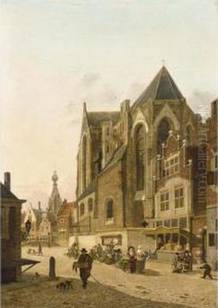 Figures In The Streets Of A Dutch Town Oil Painting by Jan Hendrik Verheijen