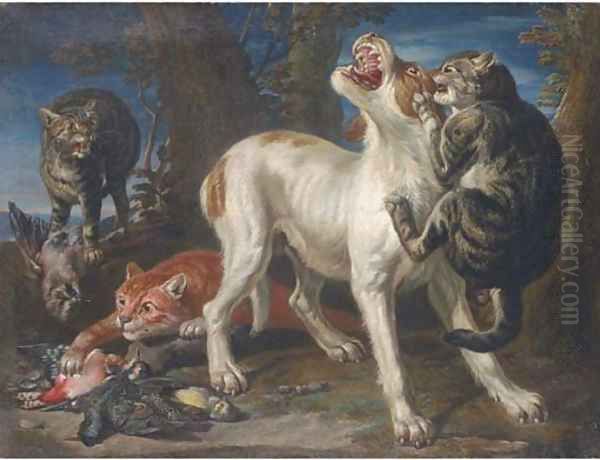 Cats attacking a dog in a landscape Oil Painting by Jan Fyt