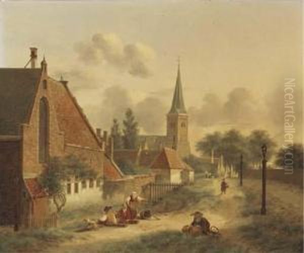 Figures By The City Wall Of Utrecht Oil Painting by Jan Hendrik Verheijen