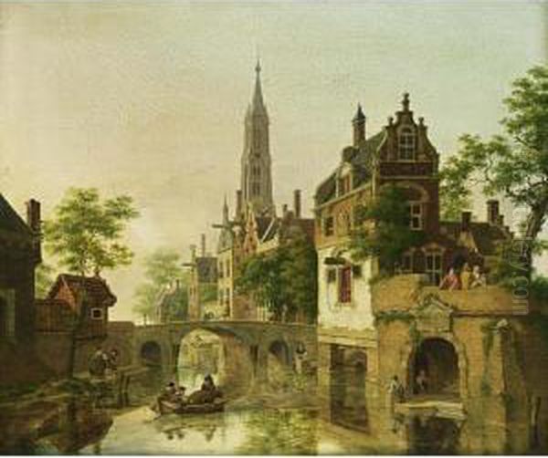 A View Of A Dutch Town Oil Painting by Jan Hendrik Verheijen