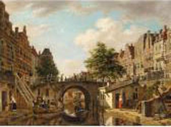 A View Of Utrecht, With A Barge And A Rowing Boat On A Canal Before A Bridge Oil Painting by Jan Hendrik Verheijen