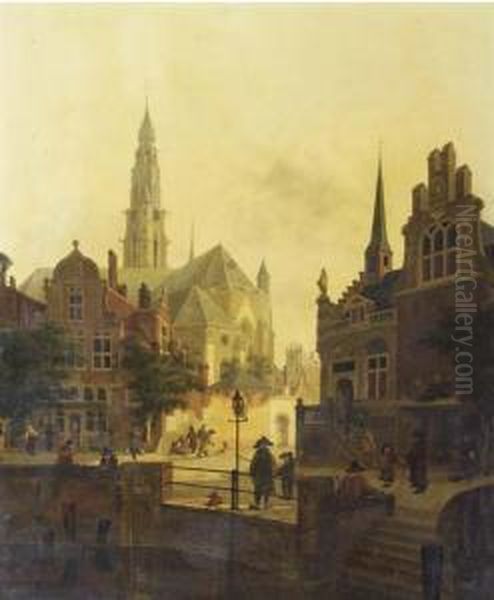 Figures By A Canal In A Town Square Oil Painting by Jan Hendrik Verheijen