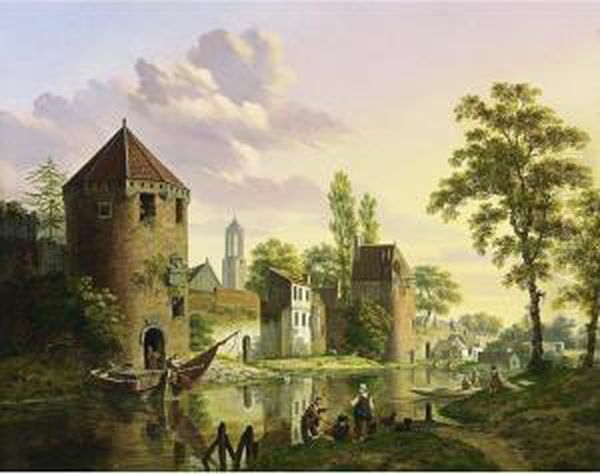 A View Of The Walled City Of Utrecht With The Dom-tower In The Background Oil Painting by Jan Hendrik Verheijen