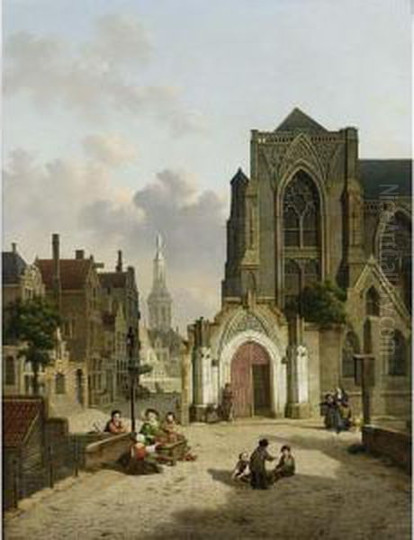 Street Vendors In Front Of A Church Oil Painting by Jan Hendrik Verheijen