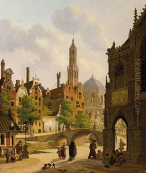 Figures By A Church In A Town, A Canal Beyond Oil Painting by Jan Hendrik Verheijen