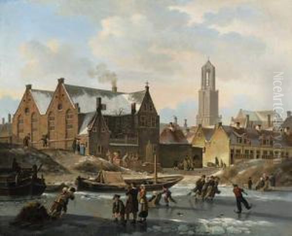 Skaters On A Frozen Canal Oil Painting by Jan Hendrik Verheijen