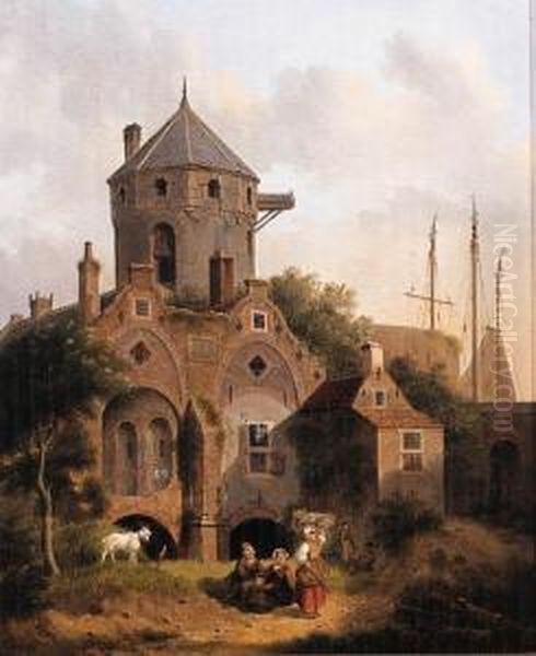 View In A Town With Women Conversing By A Rampart Oil Painting by Jan Hendrik Verheijen