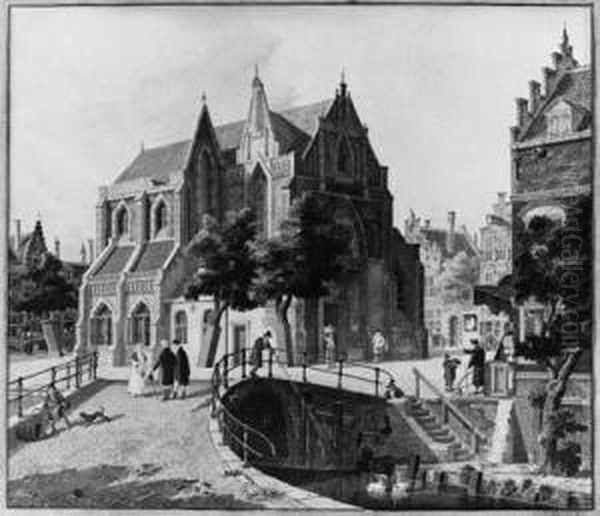 Figures Near A Gothic Church In A Town Oil Painting by Jan Hendrik Verheijen