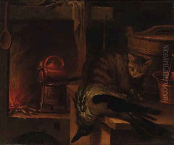 A kitchen still life with a cat and a magpie Oil Painting by Jan Fyt