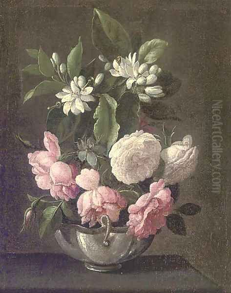 Roses and Syringa in a vase on a ledge Oil Painting by Jan Fyt