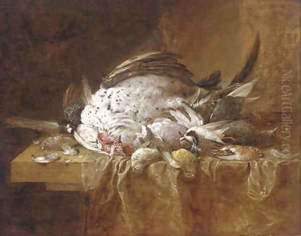 A dead turkey and songbirds on a partly-draped table Oil Painting by Jan Fyt