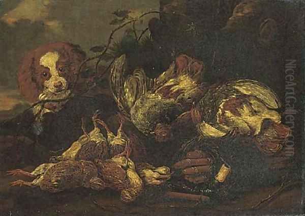 A spaniel with dead game birds in a clearing Oil Painting by Jan Fyt