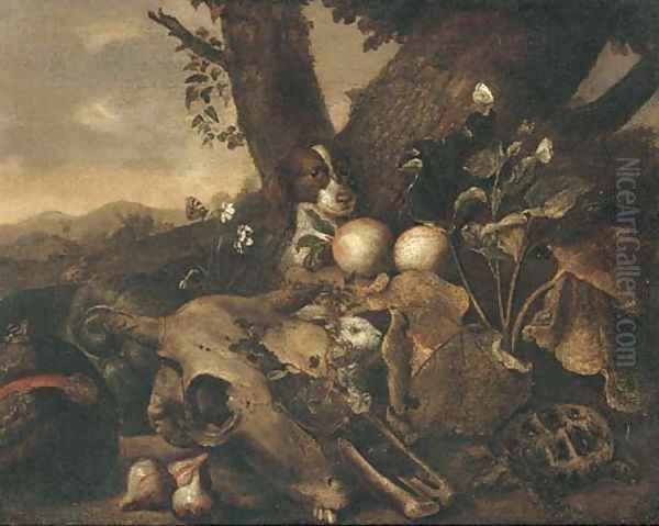 A wooded landscape with a dog, a tortoise, a skull, a rabbit, figs and other fruit in a clearing Oil Painting by Jan Fyt