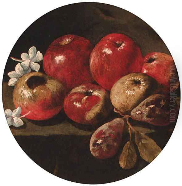 Apples, plums and blossom on a stone ledge Oil Painting by Luca Forte