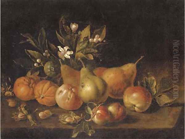 Pears, apples, oranges and nuts on a ledge Oil Painting by Luca Forte