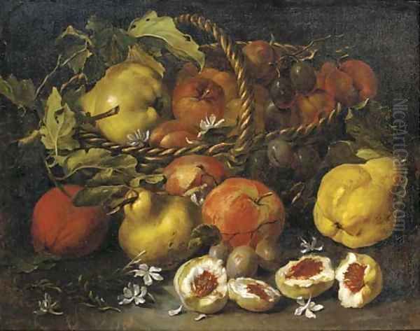 A pear, apples and plums in a woven basket, with figs, jasmine, pears and plums below Oil Painting by Luca Forte