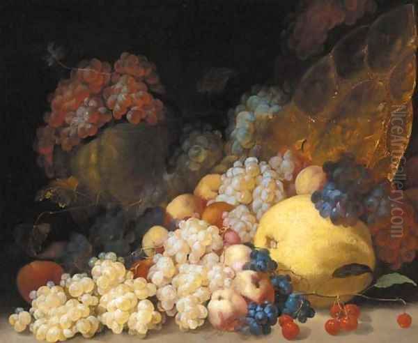 Grapes, cherries, peaches, a melon, a lemon and a silver gilt platter Oil Painting by Luca Forte