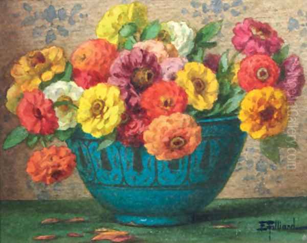 Zinnia's in a vase; Roses in a white vase Oil Painting by Ernest Filliard